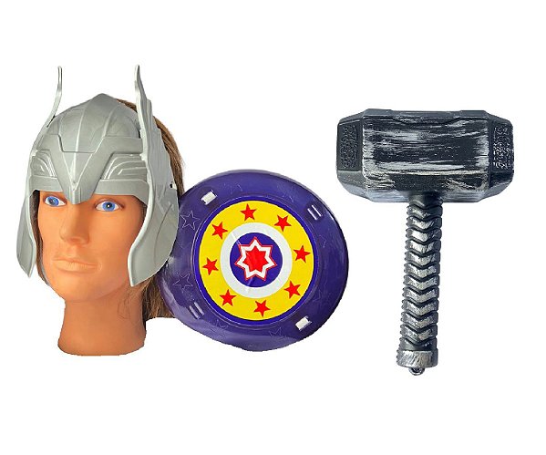 Kit Brinquedo Heróis Máscara Prata, Escudo e Martelo