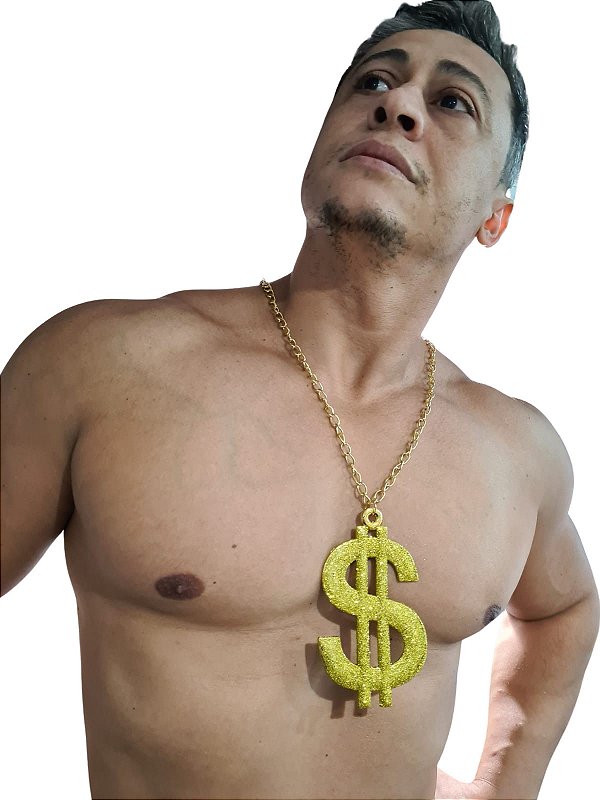 Fantasia colar hip hop cifrão dourado c/ glitter parece ouro