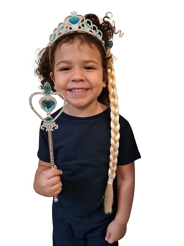Fantasia Princesa  C/ Trança cabelo loiro coroa e varinha