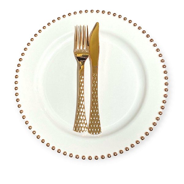 Kit Jantar 6 Pratos bolinha Rose 26cm Plástico Garfo e faca