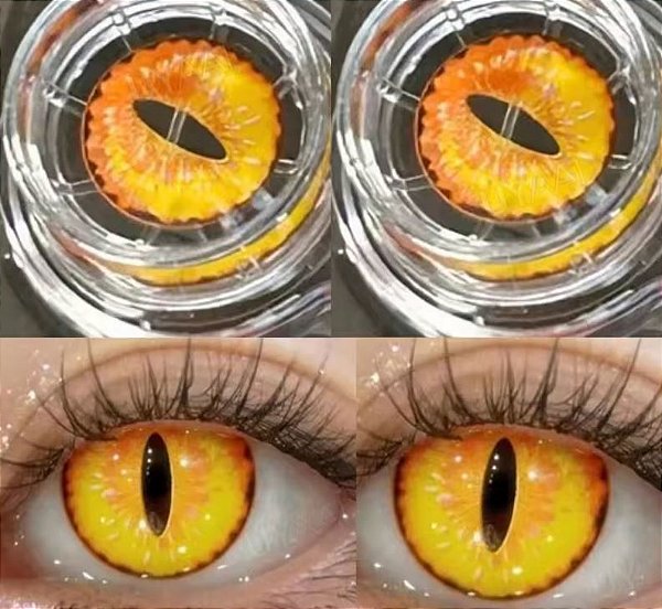 Par de Lentes de contato amarela com laranja tipo gato
