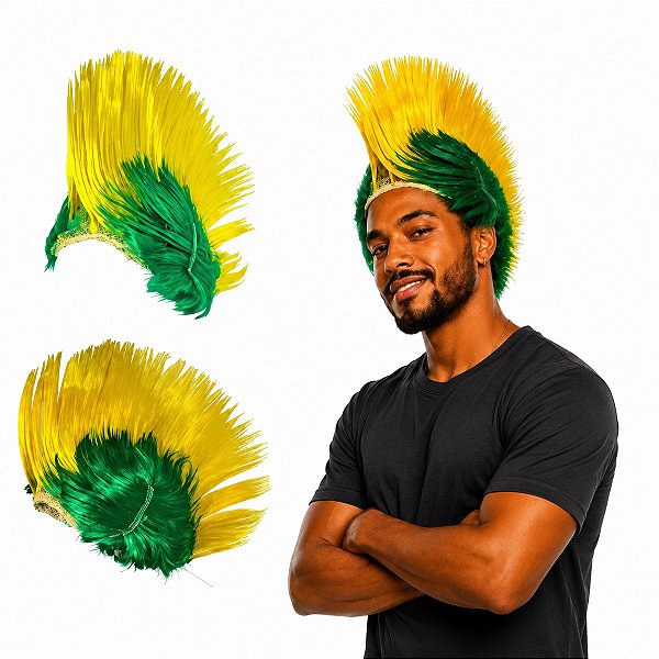 Peruca Moicano punk Brasil Verde e Amarela Fantasia Torcida