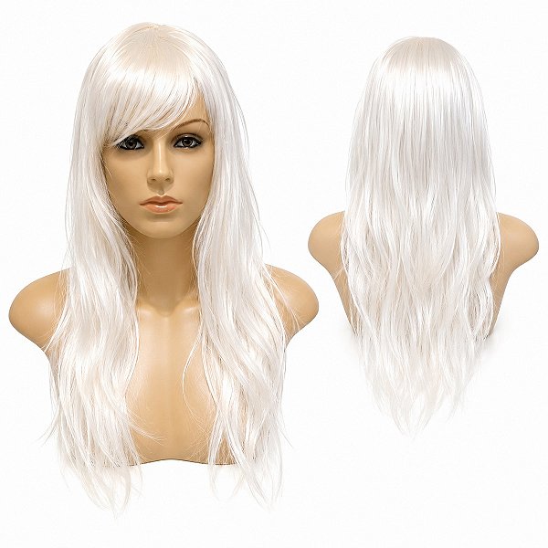 Fantasia Peruca Sintética Branca longa franja 55cm cosplay