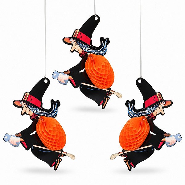 Kit 3un Decoração Halloween enfeite Bruxa voando Pendurar