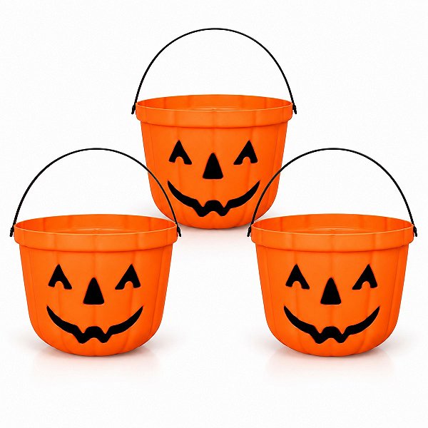 kit 3 Baldes Caldeirão abobora Decoração de Festa Halloween