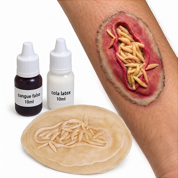 Prótese maquiagem terror ferida c/ bichos + látex +sangue