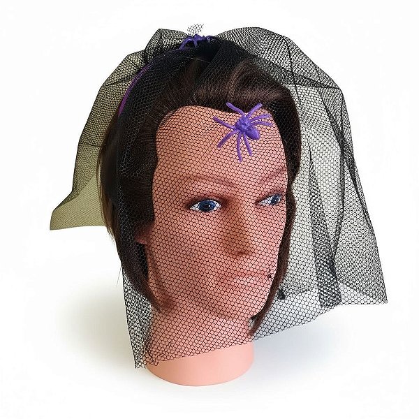 Fantasia de Halloween Tiara Viúva Bruxa Véu c/ aranhas