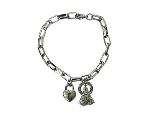 Cadeia Aço Inox Prateada Nossa Sra. Aparecida Com Resplendor Cravejado e Cadeado Coração