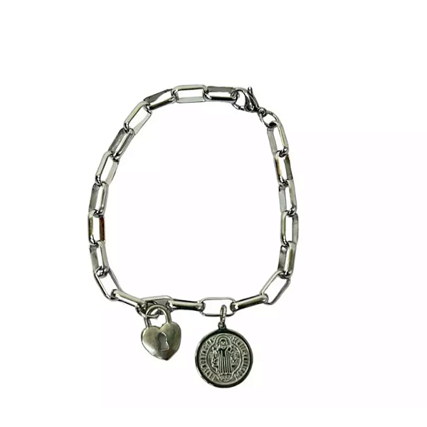 Cadeia Aço Inox Prateada Elos Ovais Medalha Média São Bento e Cadeado Coração