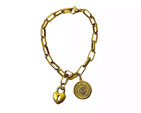 Cadeia Aço Inox Dourada Elos Ovais Medalha Pequena São Bento e Cadeado Coração