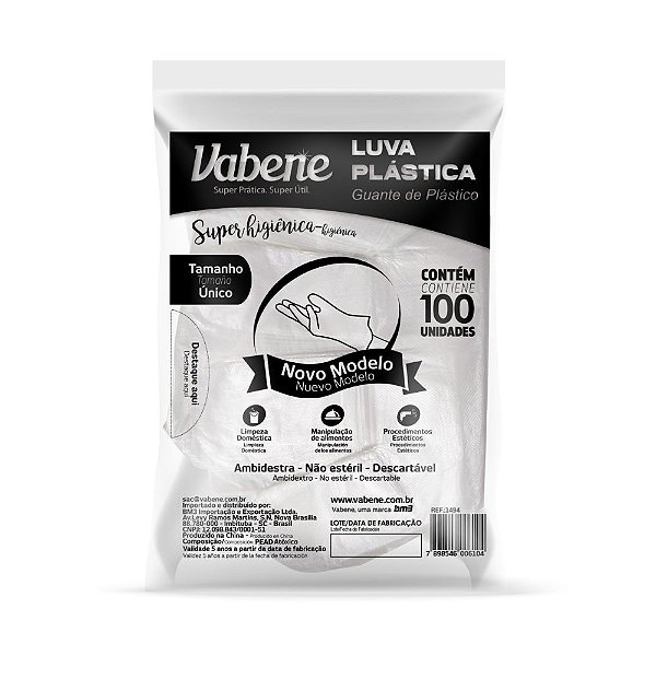 Luva Plástica 100 unidades Vabene