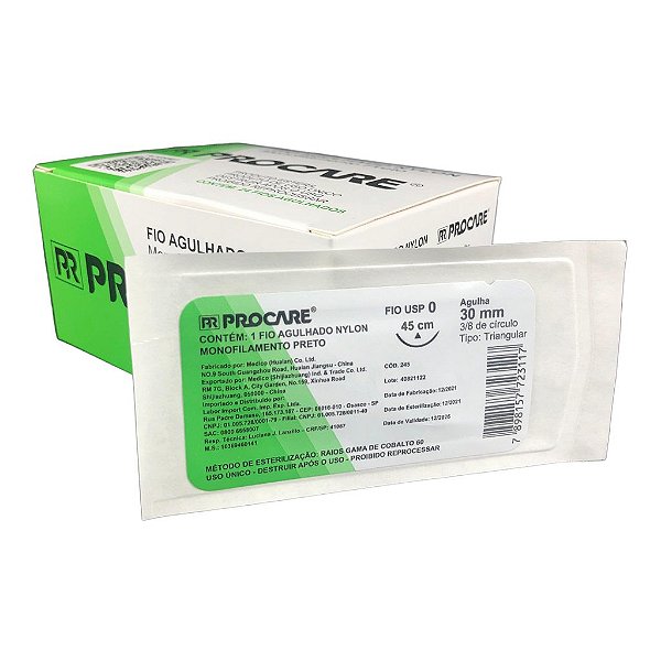Fio Agulhado Nylon Nº 0 45 cm 3/8 T 3,0 cm - Procare