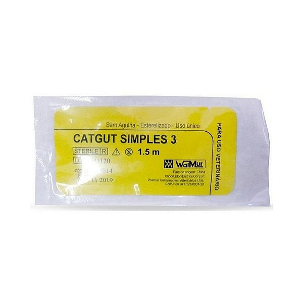 Fio Catgut Simples Nº 3 150 cm Sem Agulha - Walmur