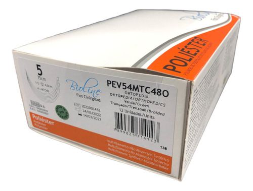 Pev Fio Poliéster Nº 5 75 Cm 4 Ag 1/2 Tc 4,8 Cm Caixa Com 12 Unidades - Bioline