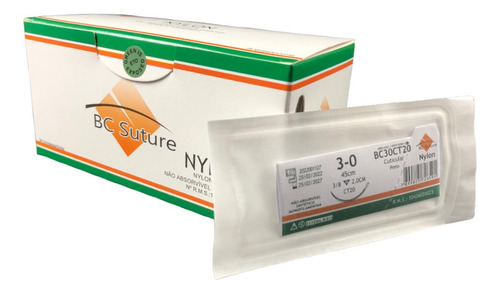 Fio de Sutura Nylon Nº 3-0 45 cm 3/8 T 2,0 cm 24 Und - BC Suture