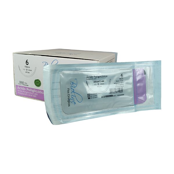ABS - Fio Ácido Poliglicólico Nº 6 150 cm 1/2 T 4,8 cm Caixa Com 12 Unidades - Bioline