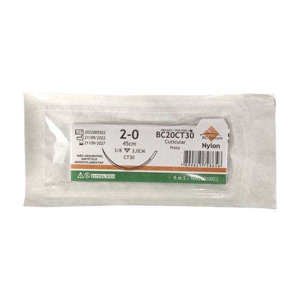 Fio Nylon Nº 2-0 45 cm 3/8 T 3,0 cm Unitário - BC Suture