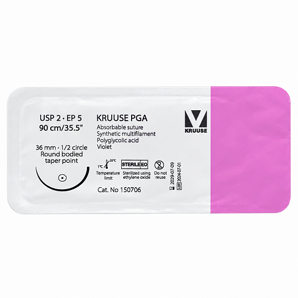 Fio de Sutura USP 2 PGA Ácido Poliglicólico 90 cm Ag. 36 mm EP 5 3/8 Unitário - Kruuse