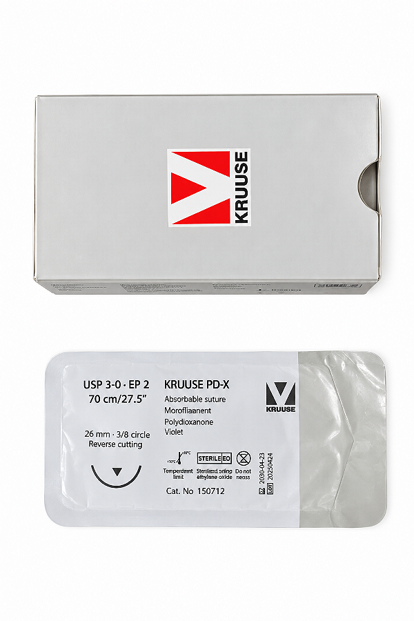 Fio de Sutura USP 3-0 PDX Polidioxanona 70 cm Ag. 26 mm 3/8 Caixa Com 12 Unidades - Kruuse