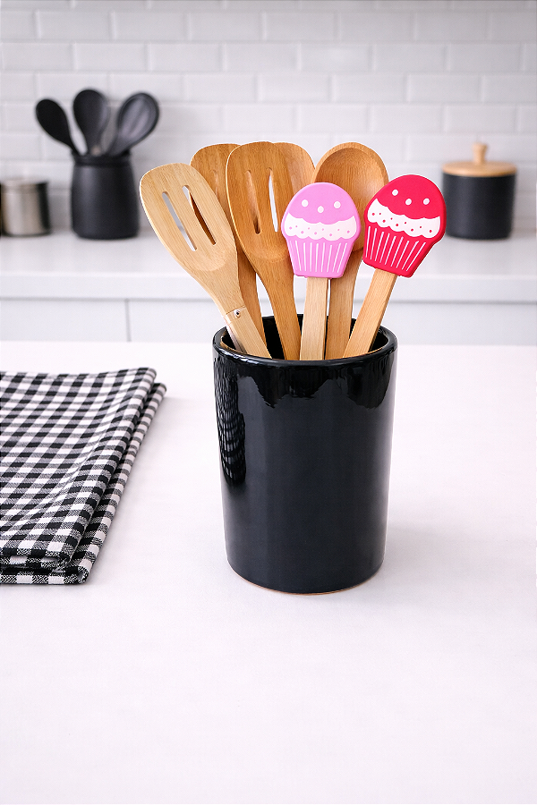 Porta Utensílios em Cerâmica Preto