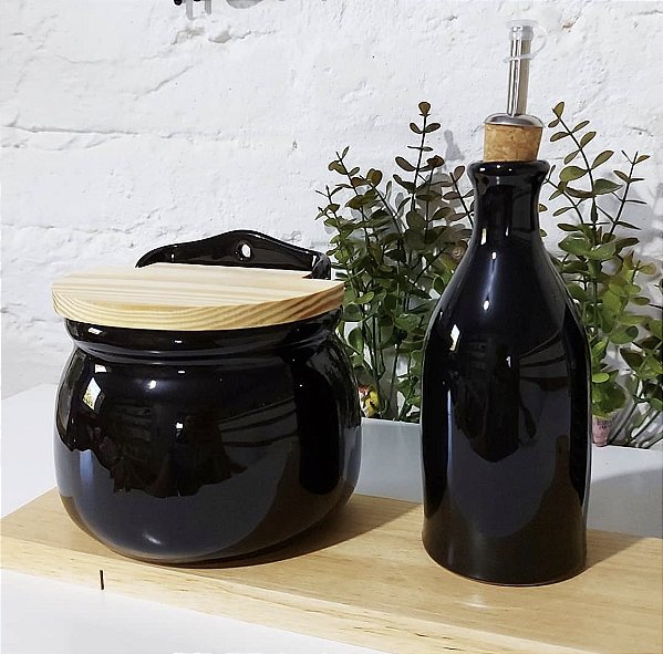 Kit Saleiro e Porta Azeite em Cerâmica Preto