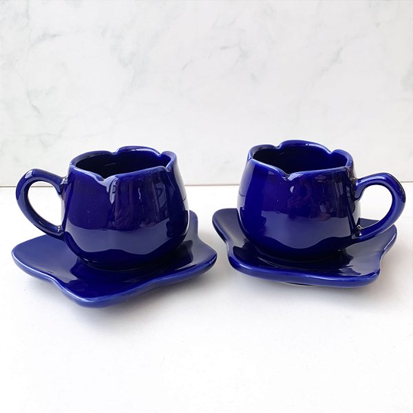Jogo com 2 Xícaras e Pires para Chá Tulipa Azul Cobalto 200ml