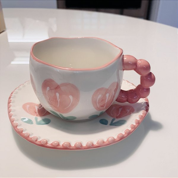 Xicara com Pires Flor em Cerâmica