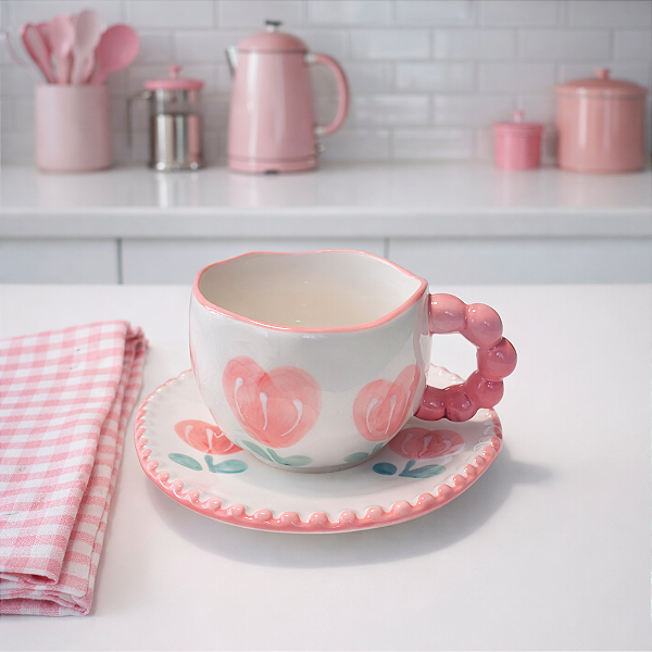 Xicara com Pires Flor em Cerâmica