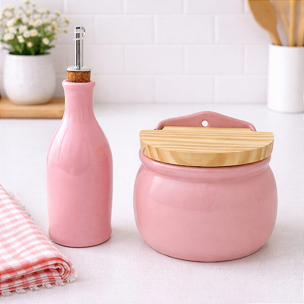Kit Saleiro e Porta Azeite em Cerâmica Rosa