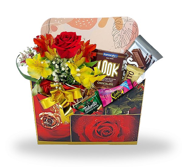 Cesta de chocolates com flores
