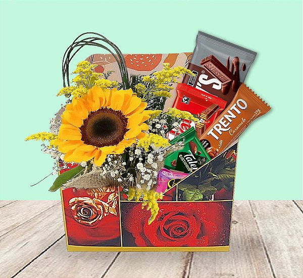 Cesta chocolates com girassol