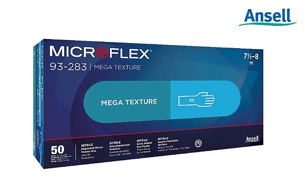 Luva MicroFlex 93-283 CA45460 Ansell Nitrílica Punho longo Ambidestra Azul Mega Textura Maior Espessura e Resistência Reutilizável Caixa 50 Unidades (CA 45460)