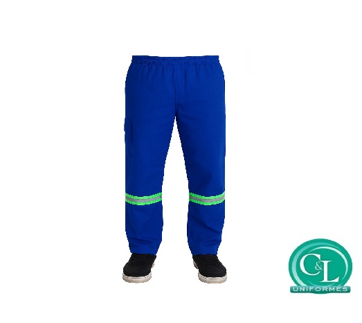 Calça Operacional em Brim Reforçada Azul Royal com Refletivo Verde