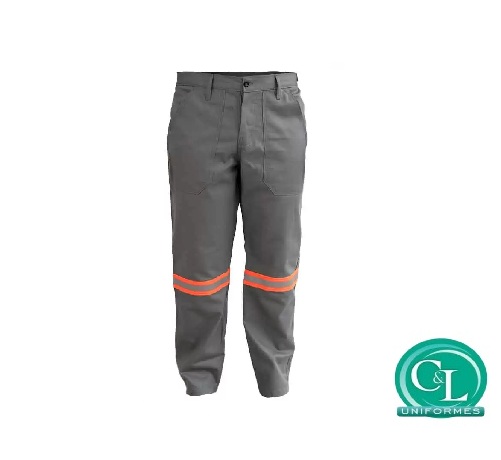 Calça Operacional em Brim Reforçada Cinza com Refletivo Laranja