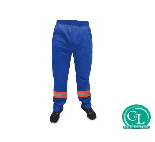 Calça Operacional em Brim Reforçada Azul Royal com Refletivo Laranja