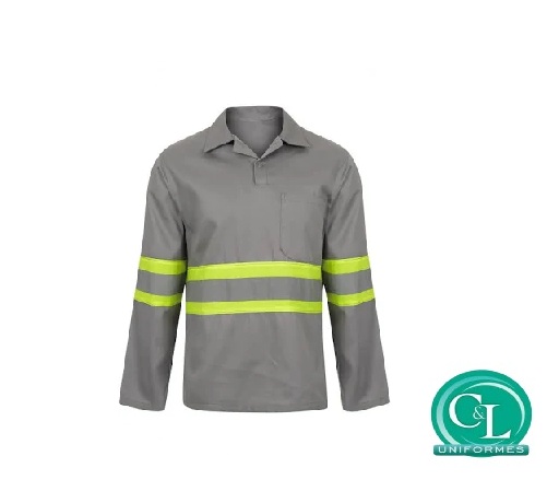 Camisa Brim Gola Italiana Manga Longa Cinza com Refletivo Verde