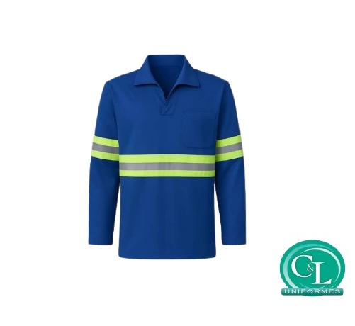 Camisa Brim Gola Italiana Manga Longa Azul Royal com Refletivo Verde