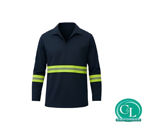 Camisa Brim Gola Italiana Manga Longa Azul Marinho com Refletivo Verde