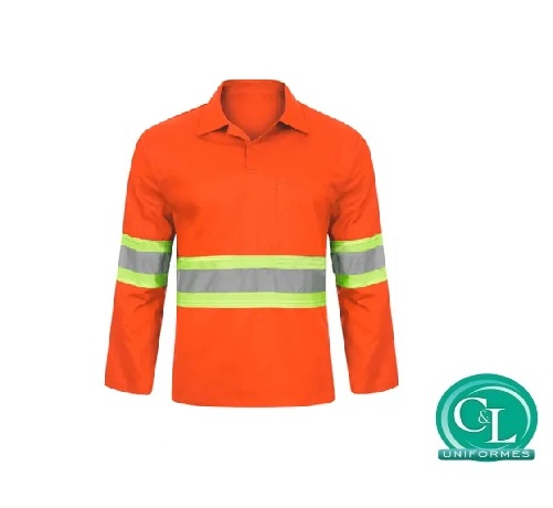 Camisa Brim Gola Italiana Manga Longa Laranja com Refletivo Verde