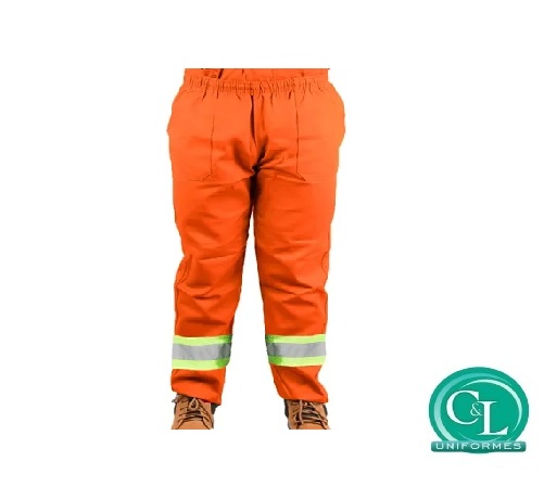 Calça Operacional em Brim Reforçada Laranja Royal com Refletivo Verde