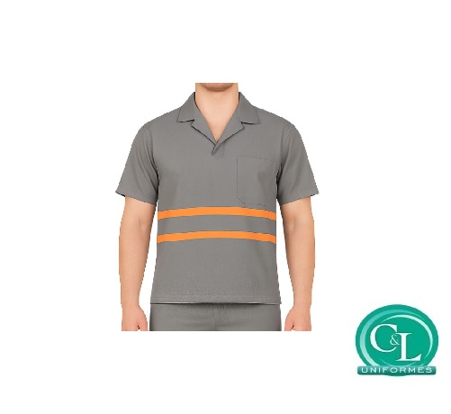 Camisa Brim Gola Italiana Manga curta cinza com Refletivo Laranja
