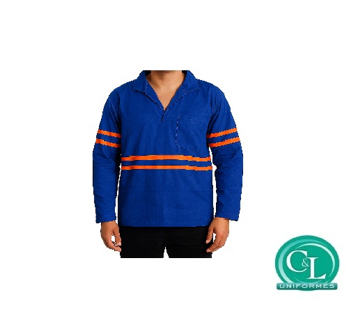 Camisa Brim Gola Italiana Manga longa azul com refletivo laranja