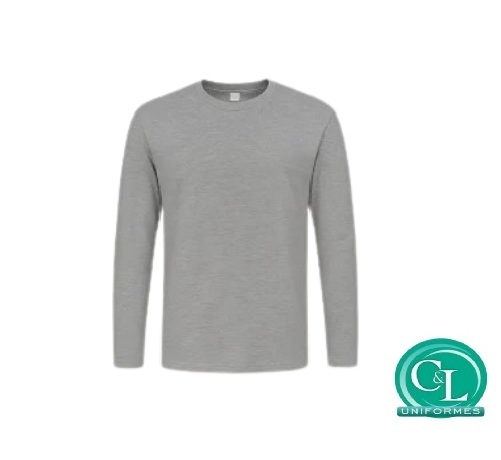 Camiseta Gola Careca na Malha 100% Algodão Manga Longa Cinza