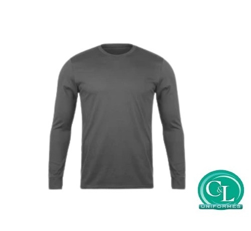 Camiseta Gola Careca na Malha 100% Algodão Manga Longa cinza escuro