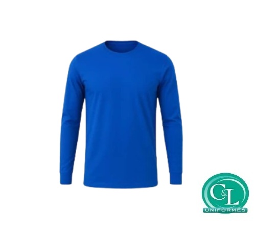 Camiseta Gola Careca na Malha 100% Algodão Manga Longa azul royal