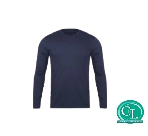 camiseta gola careca na malha 100% algodão manga longa azul marinho