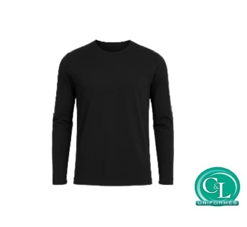 camiseta gola careca na malha 100% algodão manga longa preta