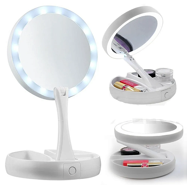 Espelho Maquiagem Retrátil Luz Led Duas faces retrátil aumenta 10x