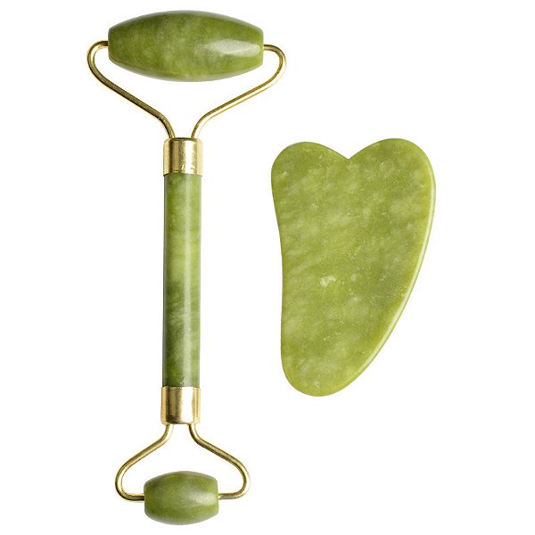 Rolo massageador pedra jade + placa Gua Sha