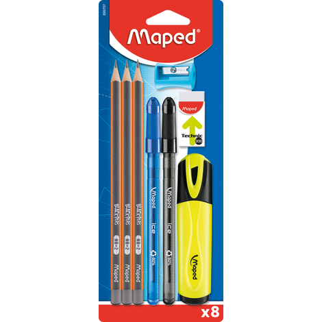 Kit de Escrita - 3 Lápis Grafite, 2 Canetas, 1 Borracha, 1 Marca Texto e 1 Apontador